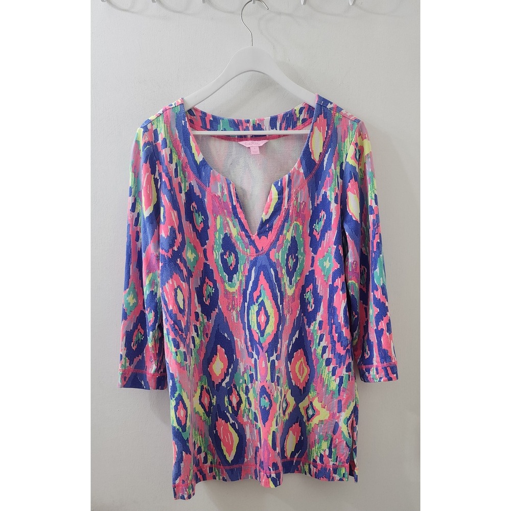 Lilly Pulitzer Etta V-Neck Tunic Top Multi Color Ikat Print Pink Blue Small